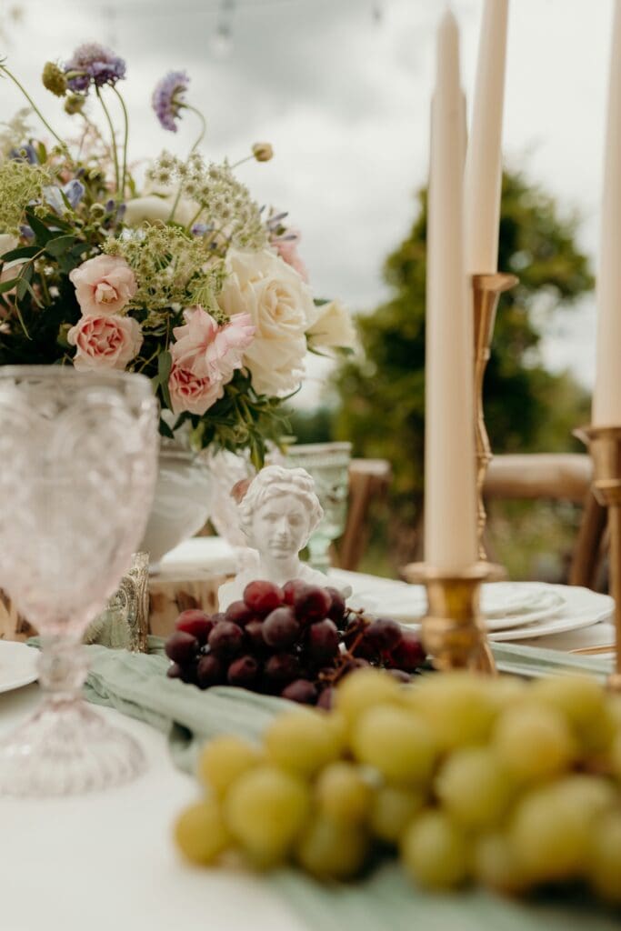 Romantic outdoor wedding reception at Hillside Farms barn wedding venue in Olympia Washington with string lights and sweetheart table